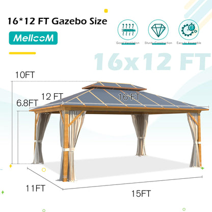 MELLCOM 12x16FT Hardtop Gazebo,Wooden Finish Coated Aluminum Patio Gazebo with Aluminum Composite Double Roof for Patio Lawn and Garden, Curtains and Netting Included - WoodArtSupply