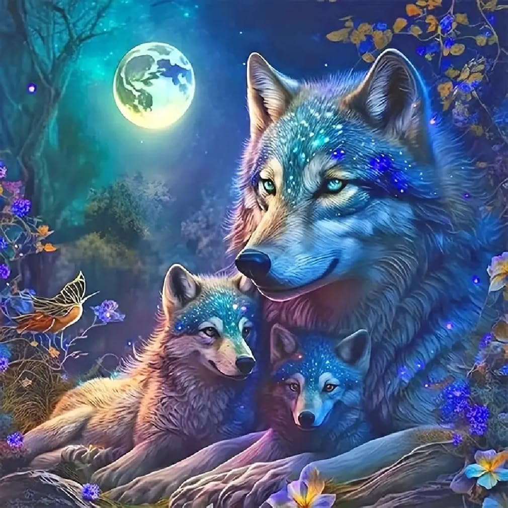 BOHADIY 5D Wolf Diamond Painting Kits for Adults Beginners, Moonlight Diamond Art Kits, Full Drill Crystal DIY Round Night Moon Wolf Family Paint with Diamonds Gem Art Home Wall Decor 12×12 Inch BOHADIY