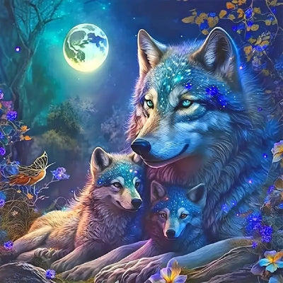 BOHADIY 5D Wolf Diamond Painting Kits for Adults Beginners, Moonlight Diamond Art Kits, Full Drill Crystal DIY Round Night Moon Wolf Family Paint with Diamonds Gem Art Home Wall Decor 12×12 Inch