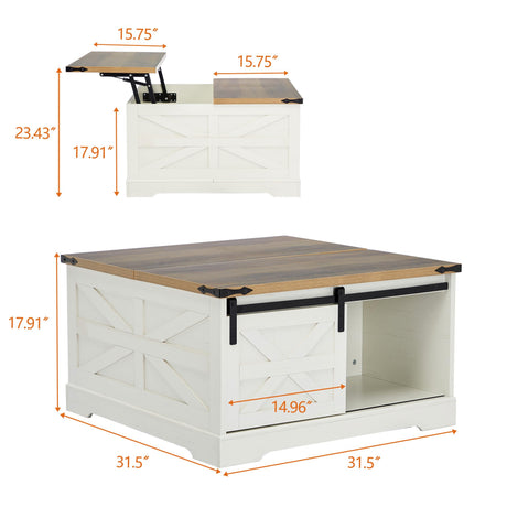 Tltaroni Farmhouse Lift Top Coffee Table, Wood Square Coffee Table with Sliding Barn Door and Adjustable Shelf Rustic Center Table with Hidden Storage Compartment for Living Room, Rustic White Tltaroni