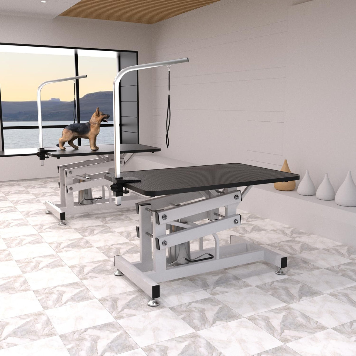 Hydraulic Dog Pet Grooming Table, 42 Inch Heavy Duty Z Lift Structure Professional Dog Grooming Table Suitable for Large Dogs at Home with Adjustable Arms, Clamps and 2 Grooming Noose, Black Afqxf