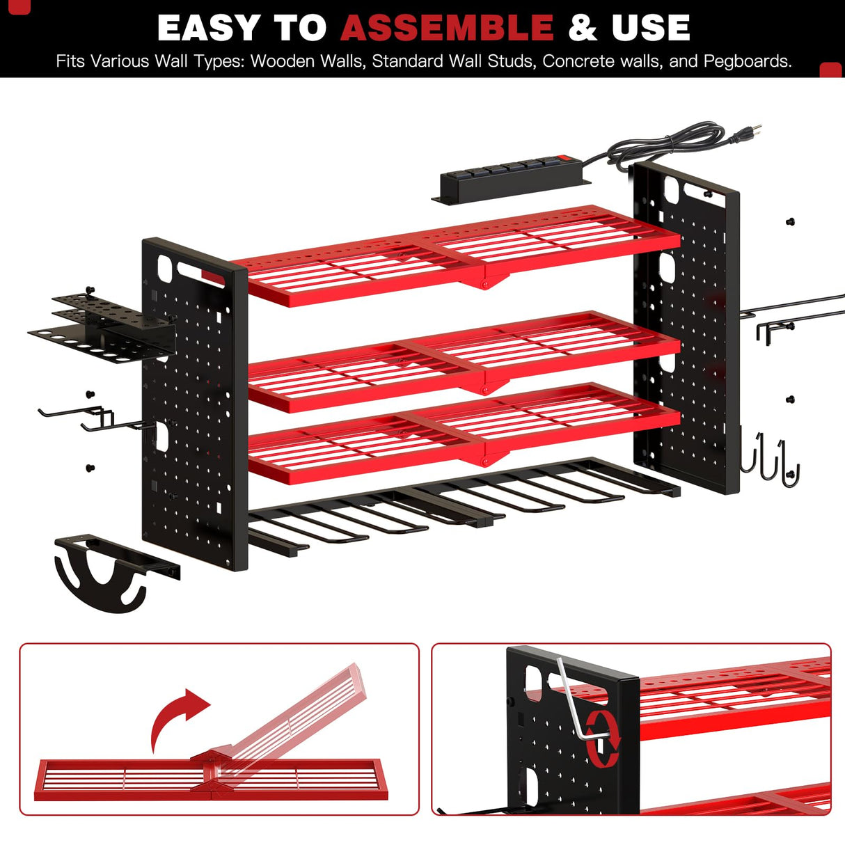 NattyDot Power Tool Organizer Wall Mount with Charging Station 4 Layer 6 Slot Cordless Drill Holder with Angle Grinder Holder (Red) NattyDot