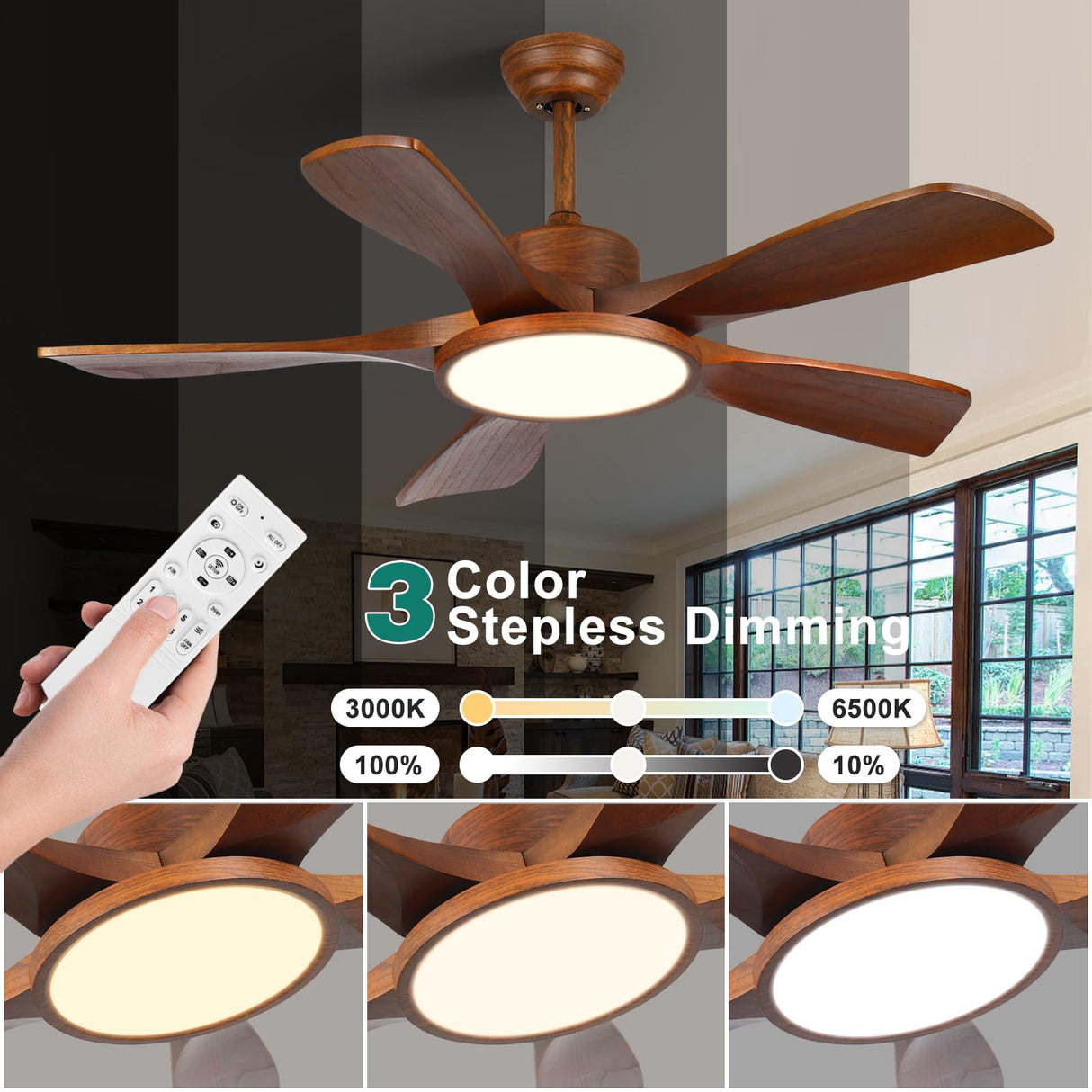 LINJO Outdoor Wood Ceiling Fan With Lights and Remote Control 5 Solid Wooden Blades 42 Inch Modern Farmhouse Ceiling Fan Light for Patios Living Room FCC Reversible DC Motor LINJO