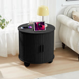 RUSTYER Farmhouse Round End Table with Charging Station, 24" Large Fluted Sofa Side Table with Sliding Tambour Door & Storage, Mid-Century Wood Nightstand for Living Room, Bedroom (Black) RUSTYER