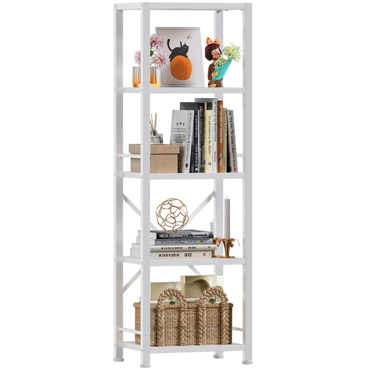 Furologee White Bookshelf 5 Tier Bookcase, Tall Narrow Bookshelves, Modern Freestanding Shelf Units, Metal and Wood Display Storage Corner Shelves Organizer for Bedroom, Living Room, Office, Bathroom Furologee