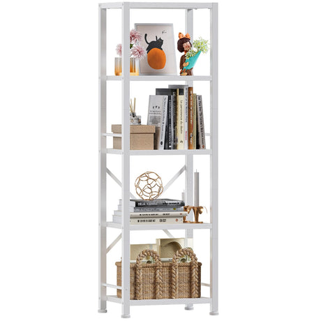Furologee White Bookshelf 5 Tier Bookcase, Tall Narrow Bookshelves, Modern Freestanding Shelf Units, Metal and Wood Display Storage Corner Shelves Organizer for Bedroom, Living Room, Office, Bathroom Furologee