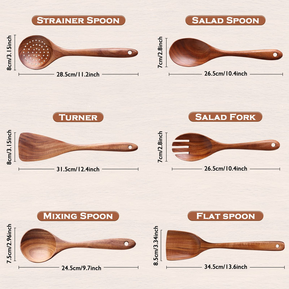 NAYAHOSE Wooden Spoons for Cooking, 6 Pcs Wooden Utensils for Cooking, Natural Teak Wood Non-Stick Cooking Spoons, Wood Utensils Set for Kitchen NAYAHOSE