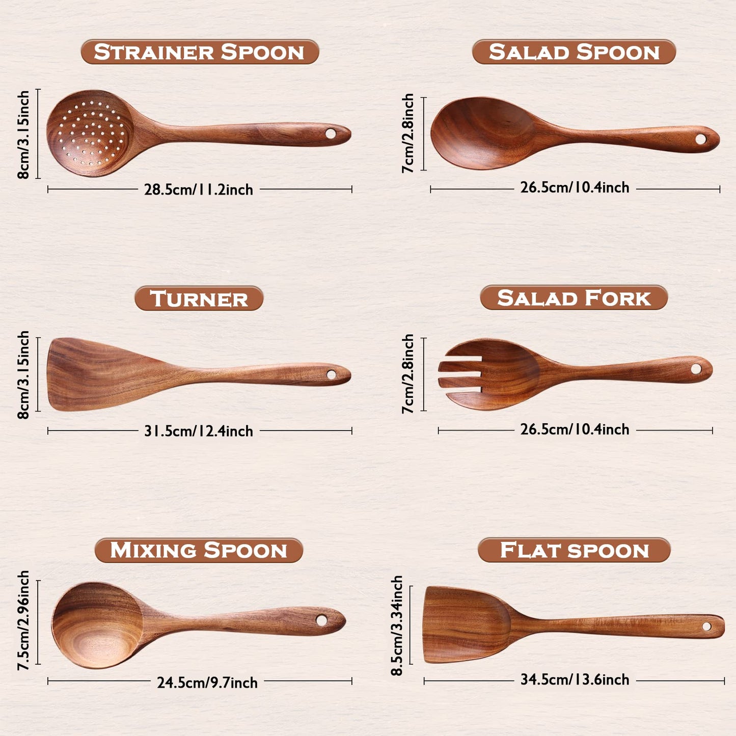 NAYAHOSE Wooden Spoons for Cooking, 6 Pcs Wooden Utensils for Cooking, Natural Teak Wood Non-Stick Cooking Spoons, Wood Utensils Set for Kitchen