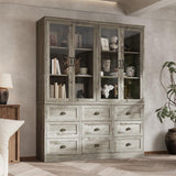 Timechee 78.7" Tall Curio Display Cabinet for Collection, 3 Tier Bookshelf with 9 Drawers & 4 Tempered Glass Doors, Showcase Display Cabinets for Living Room with Adjustable Shelves, Antique Oak Timechee