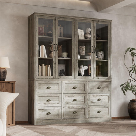 Timechee 78.7" Tall Curio Display Cabinet for Collection, 3 Tier Bookshelf with 9 Drawers & 4 Tempered Glass Doors, Showcase Display Cabinets for Living Room with Adjustable Shelves, Antique Oak Timechee