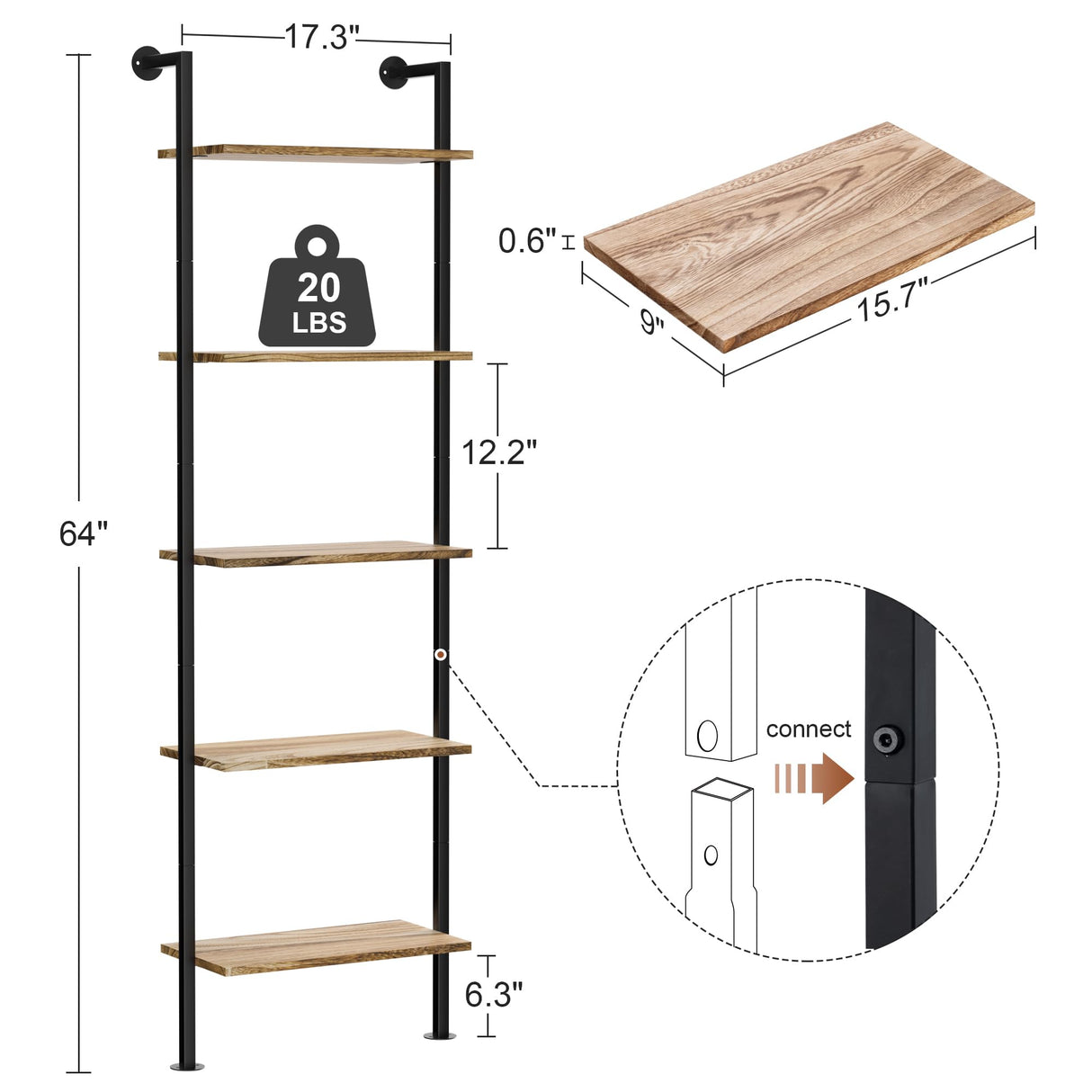 Acovy 5-Tier Rustic Wooden Ladder Shelf - Wall-Mounted Storage Rack for Living Room and Bedroom Acovy