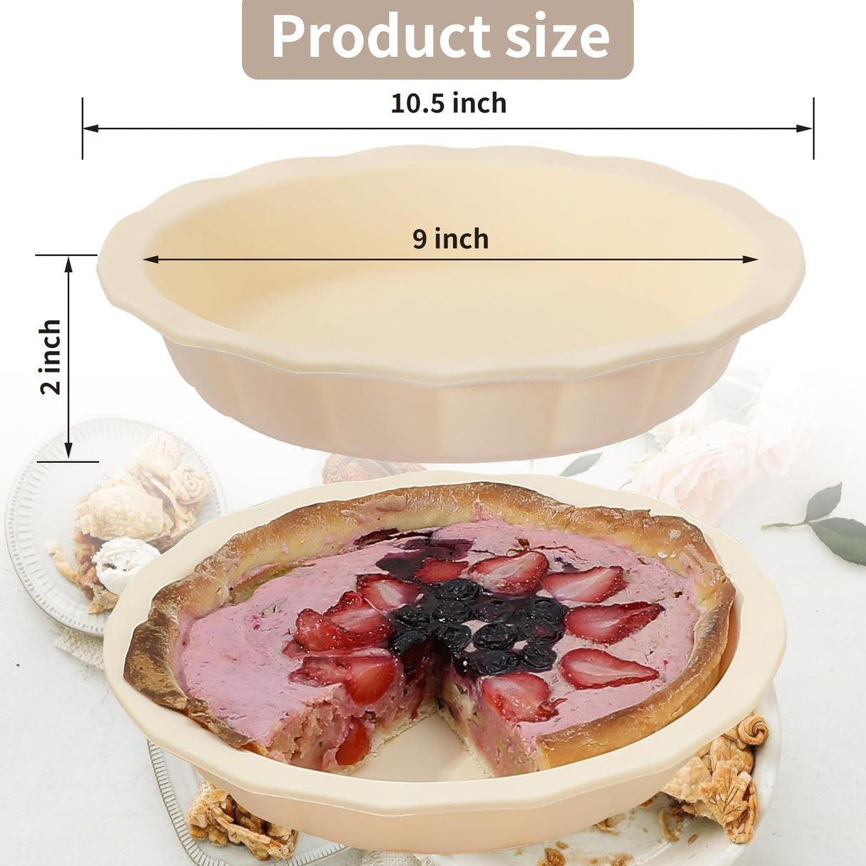 Wanbaker Silicone Pie Pans Dishes for Baking, 9inch Pie Dishes with Corrugated Edge Dishwasher Microwave Oven Safe (Beige) Wanbaker