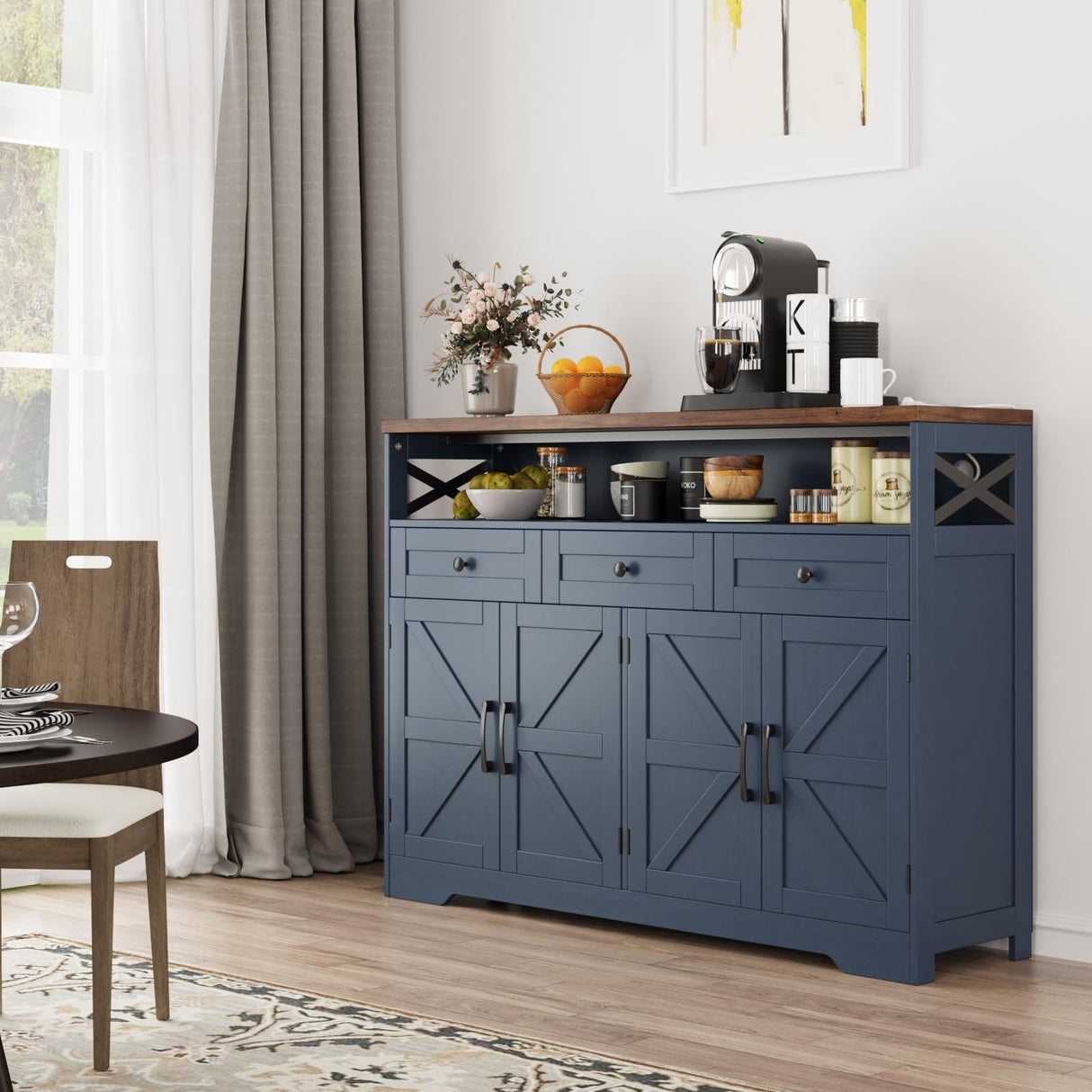 Befrases Farmhouse Buffet Cabinet with Drawers & Open Shelf, Sideboard with Storage, Kitchen Pantry Cabinet Hutch, Coffee Bar Station for Kitchen, Livingroom, 52" L Blue Befrases