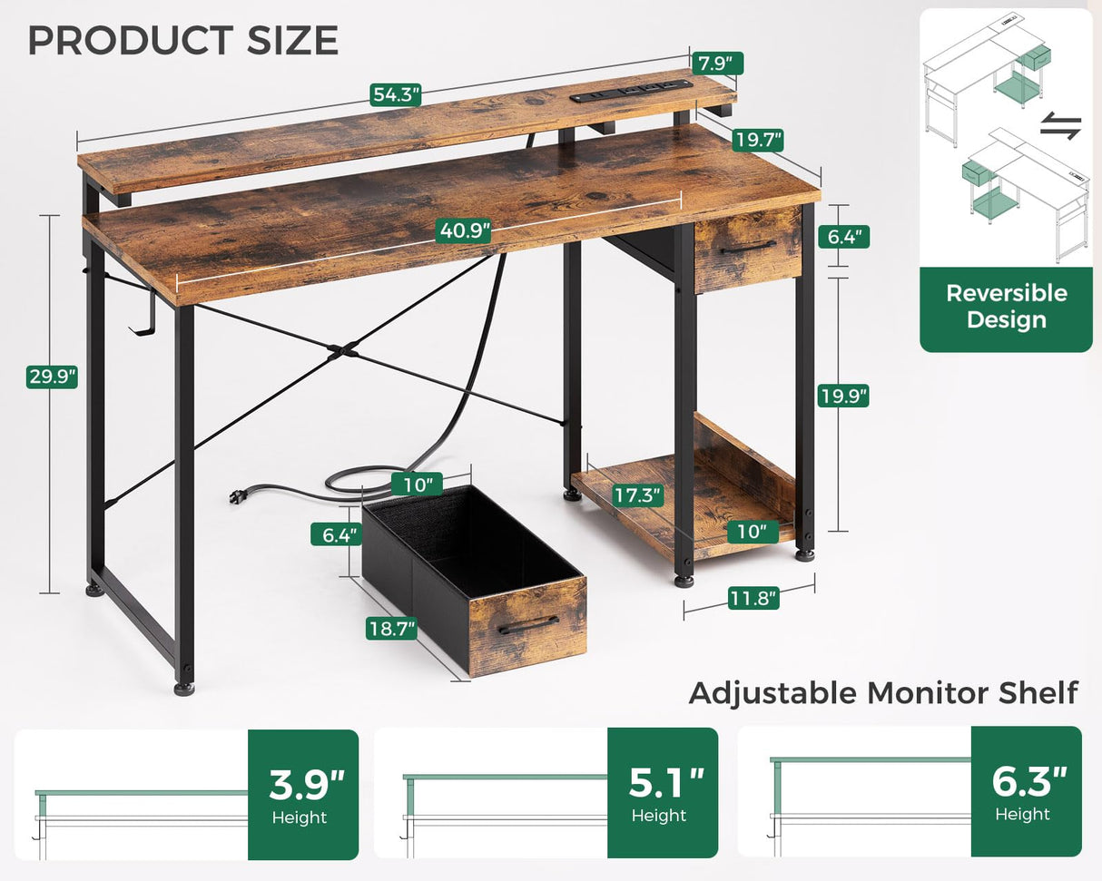 AODK Gaming Desk with LED Lights & Power Outlet, 48 Inch Computer Desk with Drawer, Reversible Desk with Adjustable Monitor Shelf & Headphone Hook for Home Office, Rustic Brown AODK