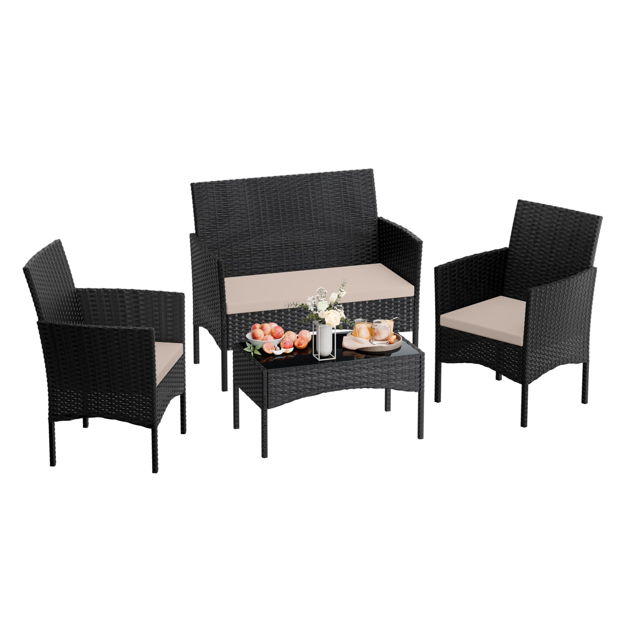 RTDTD 4 Pieces Patio Furniture Set Outdoor Conversation Set Rattan Furniture Set Wicker Chairs and Sofa with Glass Table for Porch Pool Backyard Lawn Garden Sand RTDTD