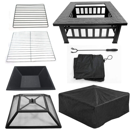 ZENY 32in Outdoor Fire Pits Outside Wood Burning Firepit Square Metal Fireplace Table Fire Bowl with Grill,Screen and Poker for Camping Bonfire Backyard BBQ ZENY