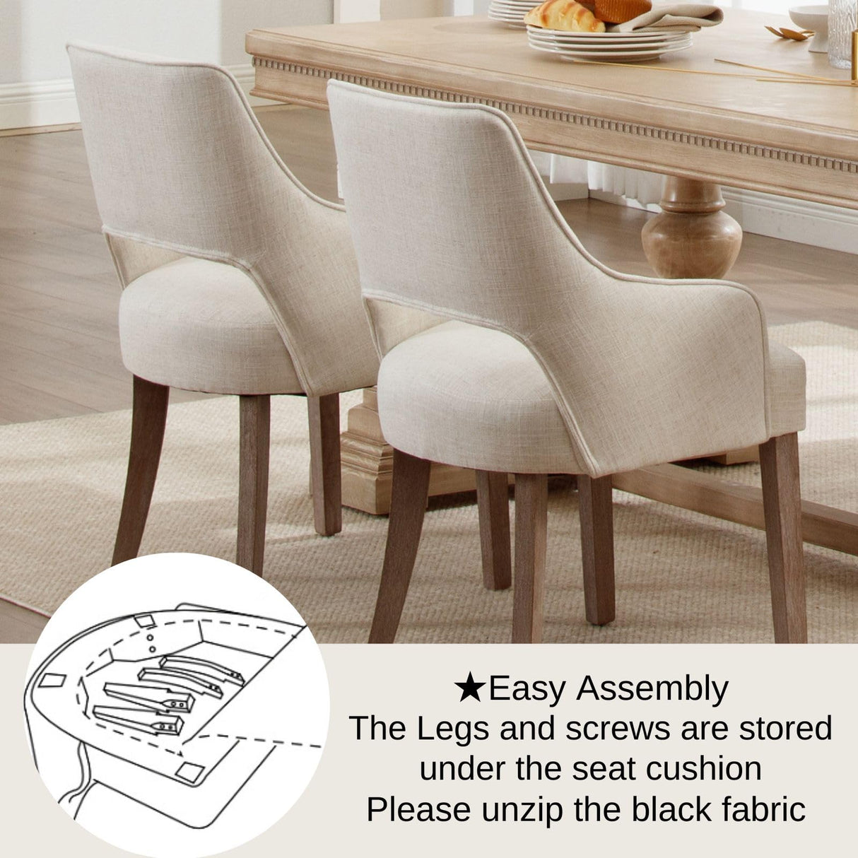 DM Furniture Farmhouse Dining Chairs Set of 2 Linen Kitchen Chairs with Arm Upholstered Accent Side Chair w/Wood Legs for Living Room/Dining Room/Bedroom/Restaurant, Cream DM Furniture