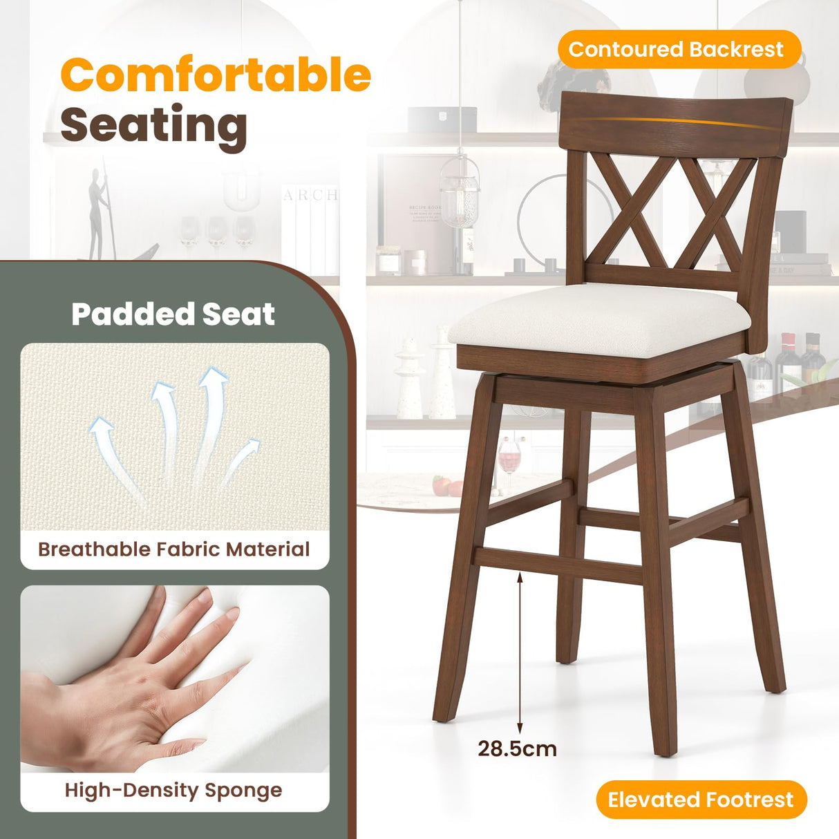 Giantex 31" Bar Stool, Swivel Bar Height Bar Chair with Contoured Backrest, Padded Seat & Rubber Wood Legs, Farmhouse Wooden Barstool for Kitchen Island, Restaurant & Pub Giantex