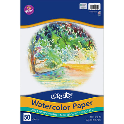 UCREATE Watercolor Paper, White, 140 lb, 12" x 18", 50 Sheets, White, Package, 140 lb.