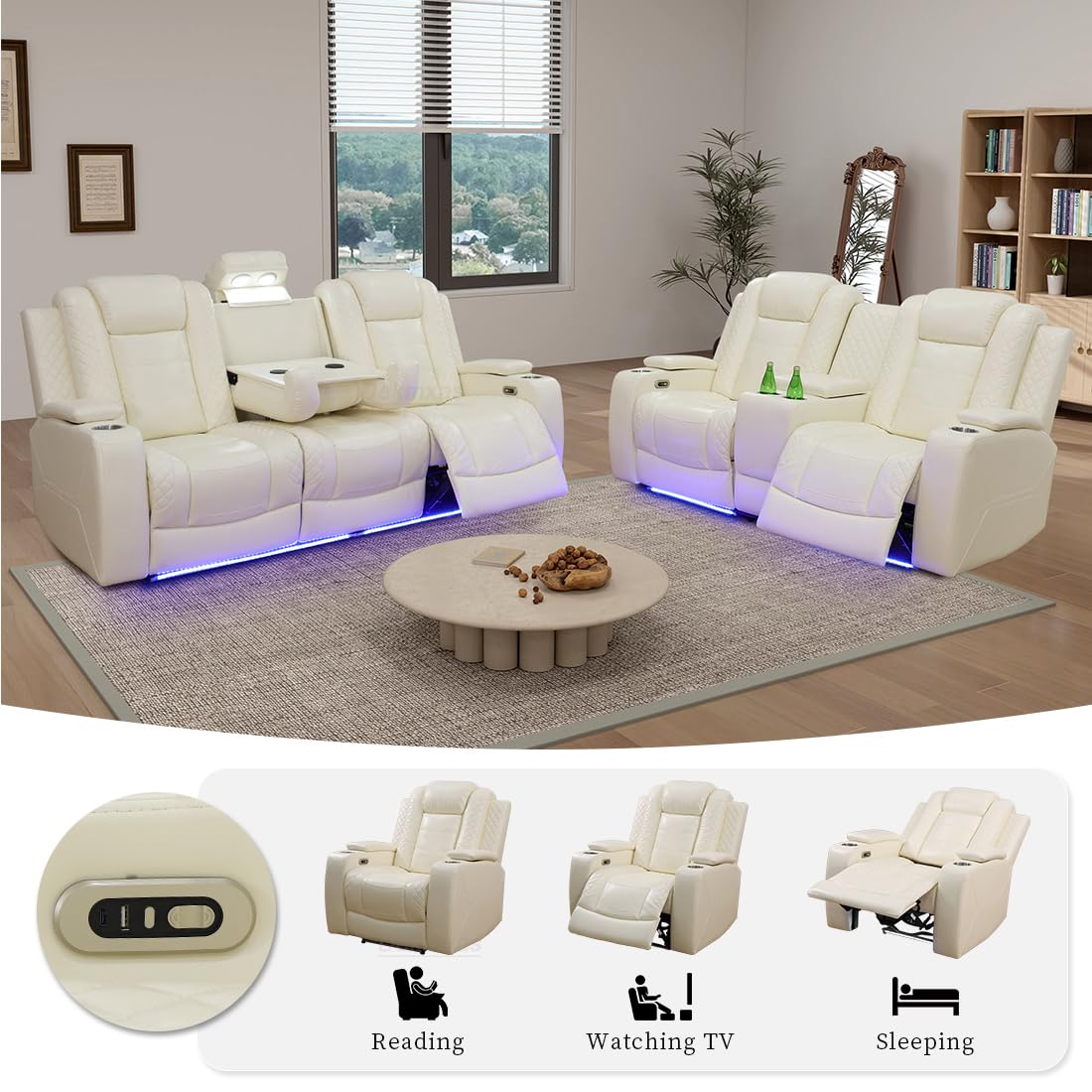 Living Room Sofa Set Reclining Breathing Leather Dekmxas Living Room Furniture Set Sofa, Loveseat with Storage Console/Cup Holders/LED Light/USB Port for Apartment, Office(Creamy White, Sofa+loveseat) Dekmxas