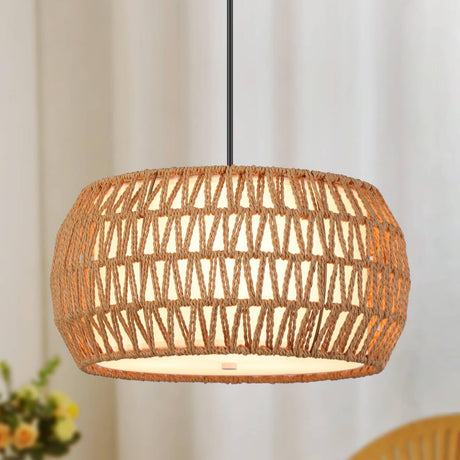 MEIXISUE Rattan Boho Farmhouse Chandeliers Light Fixture,3 Lights Coastal Natural Hand Woven Fabric Drum Pendant Light for Dining Room Kitchen Island Hallway Bedroom Entryway UL Listed MEIXISUE