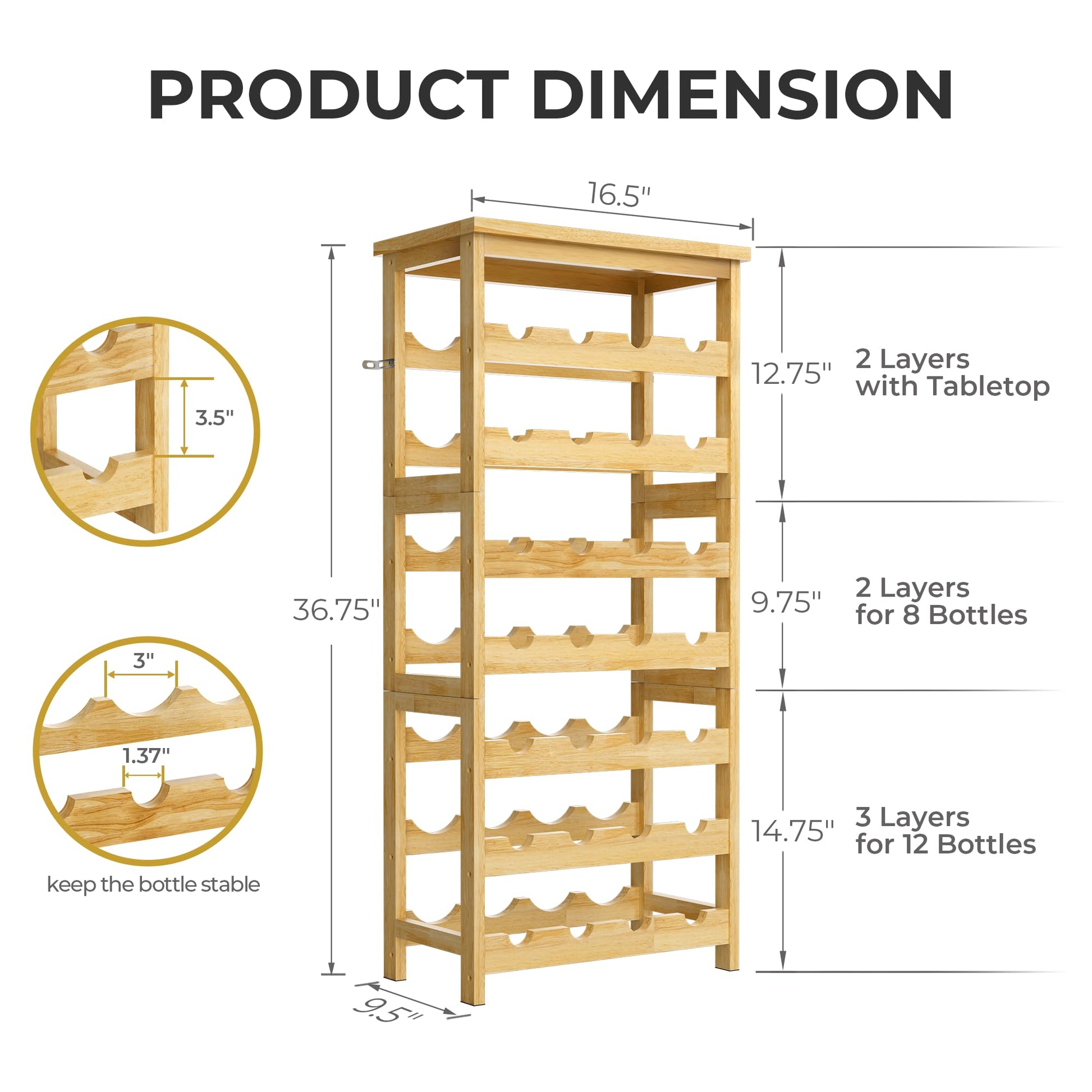 28-Bottle Wine Rack Free Standing Floor, Solid Wood 7-Tier Display Wine Storage Shelves with Tabletop, Wobble-Free Bottle Holder for Cellar Kitchen - WoodArtSupply