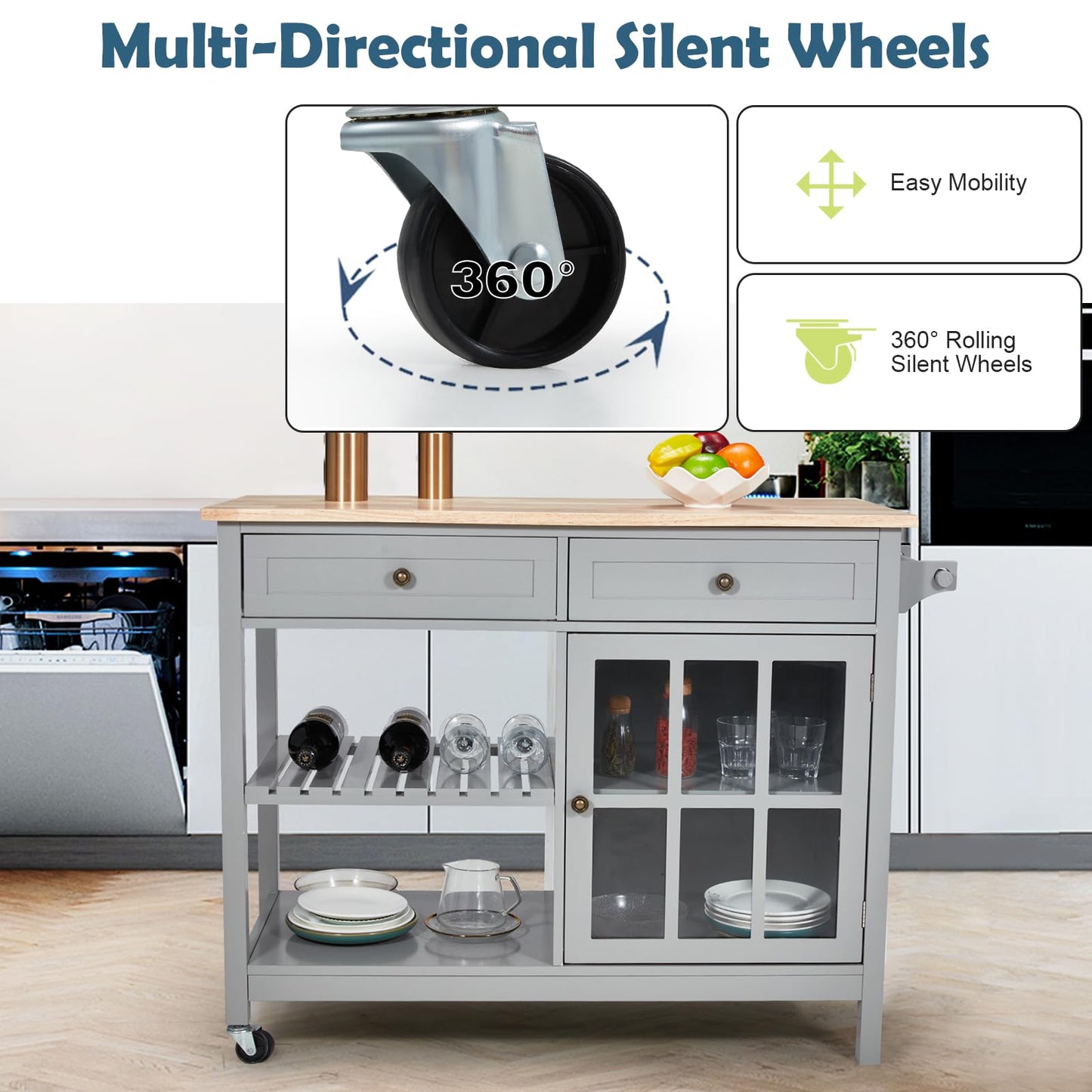 AVAWING Rolling Kitchen Island Cart with Storage, 42" Width Kitchen Cart w/ 2 Wheels, Coffee Cart with Drawers & Openshelves & Glass Cabinet & Towel Rack, Portable Islands, Grey