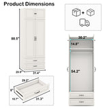 Armoire Wardrobe Closet with Doors: 89" Extra Tall White Wardrobe with Storage on Top, Bedroom Armoires with 2 Doors and 2 Drawers, Large Wood Closet Armoire for Hanging Clothes (A, 31.5") LABROSKIA