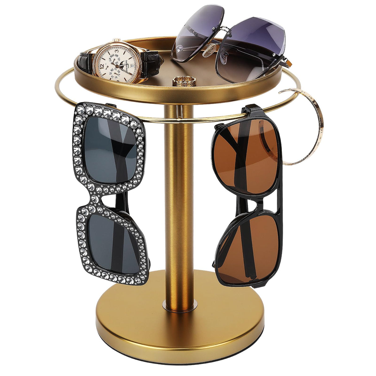 kondyfayo 360° Rotating Sunglass Organizer Storage, Stainless Steel Glasses Holder Stand, Glasses Organizer with Tray for Desk, Dresser, Tabletop, Nightstand and Home Decor (Gold) kondyfayo