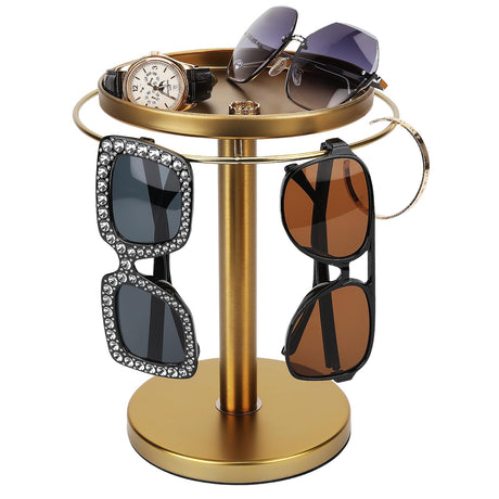 kondyfayo 360° Rotating Sunglass Organizer Storage, Stainless Steel Glasses Holder Stand, Glasses Organizer with Tray for Desk, Dresser, Tabletop, Nightstand and Home Decor (Gold) kondyfayo