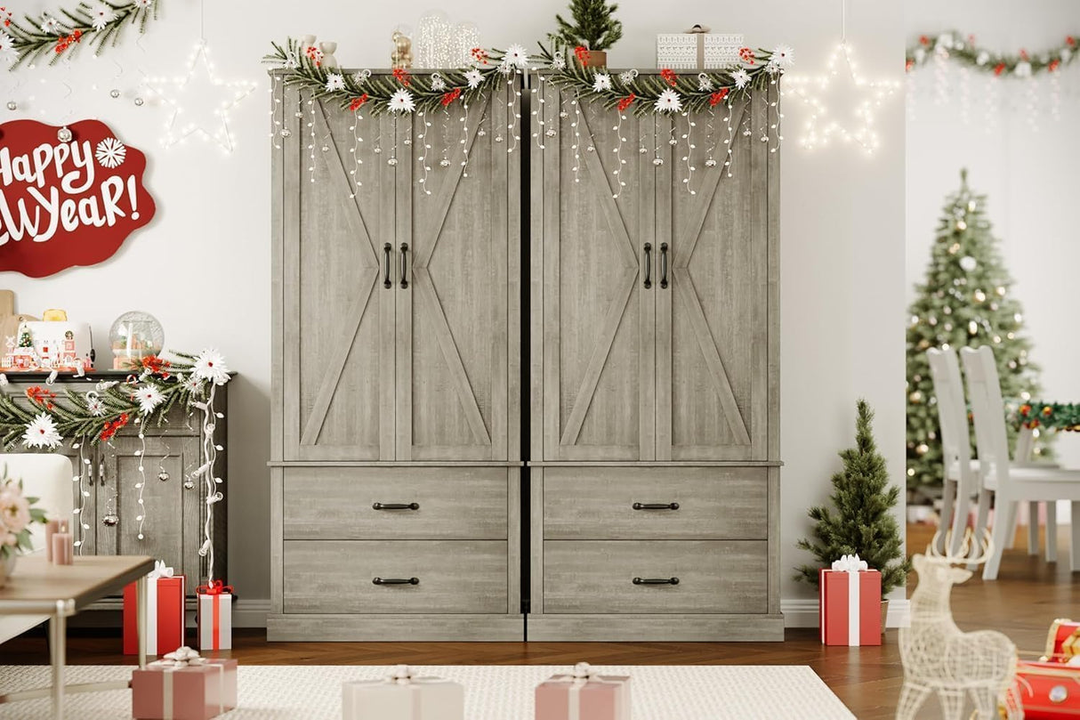 GarveeHome Kitchen Pantry Cabinet, Farmhouse Storage Cabinet with Barn Doors, Drawers and Adjustable Shelves, Versatile Storage for Kitchen, Dining Room, Grey GarveeHome