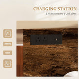 HOMCOM 70" Long Counter Height Table with Charging Station, Industrial Style Rectangular Bar Table with Steel Frame for Dining Room, Kitchen, Rustic Brown HOMCOM