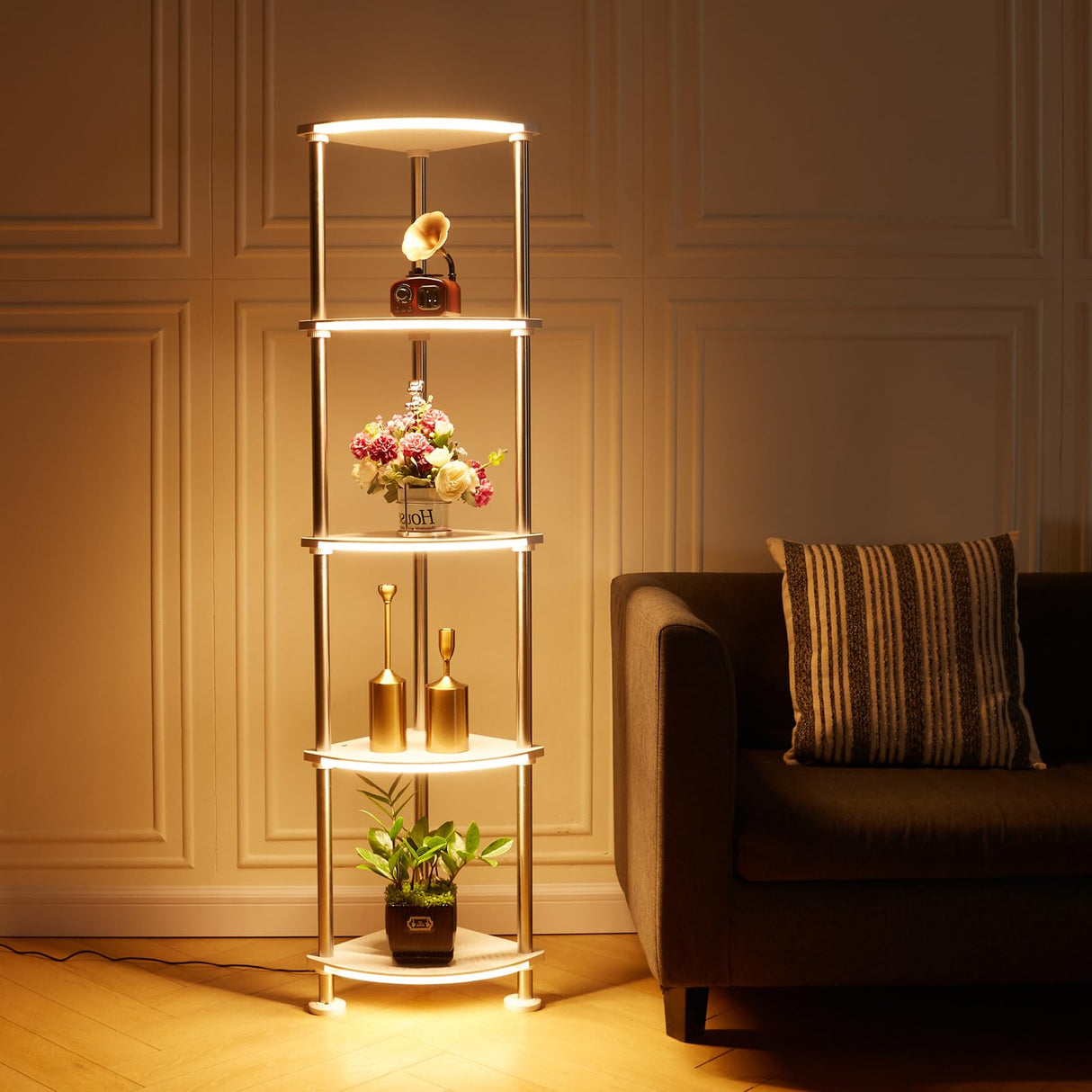HOPEDAMAI Floor Lamp with Shelves Height Adjustable RGB Floor Lamp with Music Sync LED Corner Floor Lamp with Charging Stationl Dimmable and Timing Standing Lamp for Bedroom White 5-Tier HOPEDAMAI