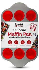 Boxiki Kitchen Non-Stick 12 Cup Silicone Muffin Pan With Steel Frame - BPA Free, Non-Toxic, Anti-Warp, Durable & Easy to Pop Silicone Muffin Tin - Perfect Cupcake Pan Boxiki Kitchen
