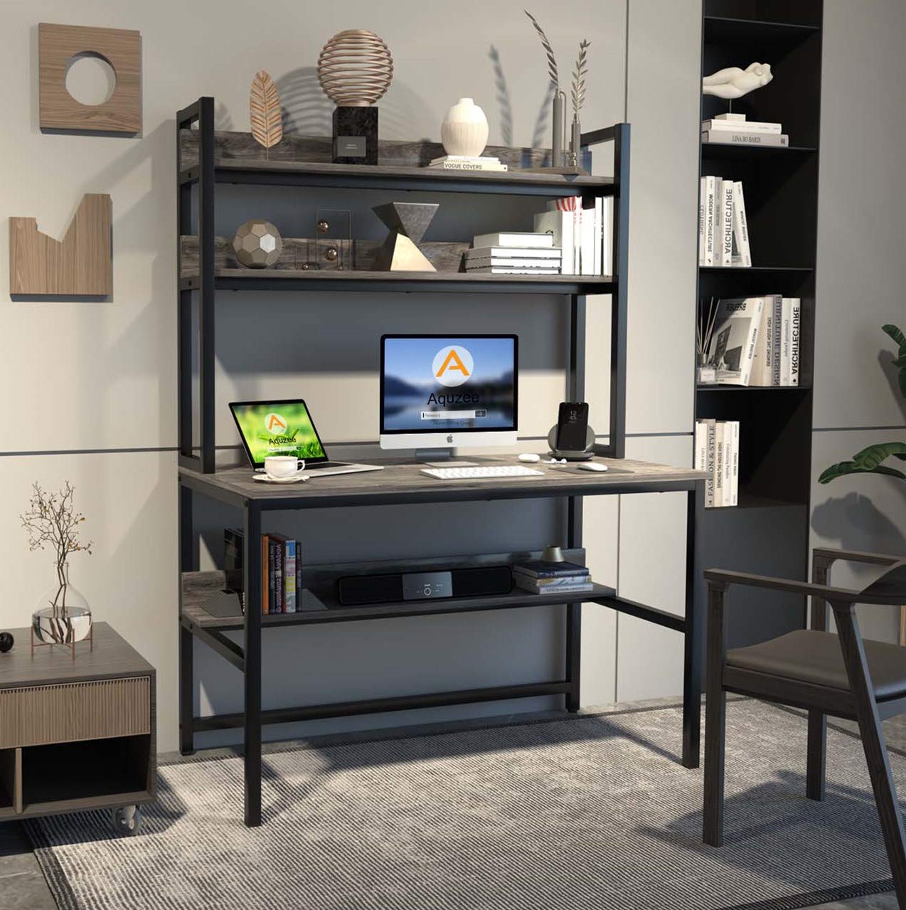 Aquzee Grey Desk with Hutch and Open Bookshelves for Organised Storage - WoodArtSupply