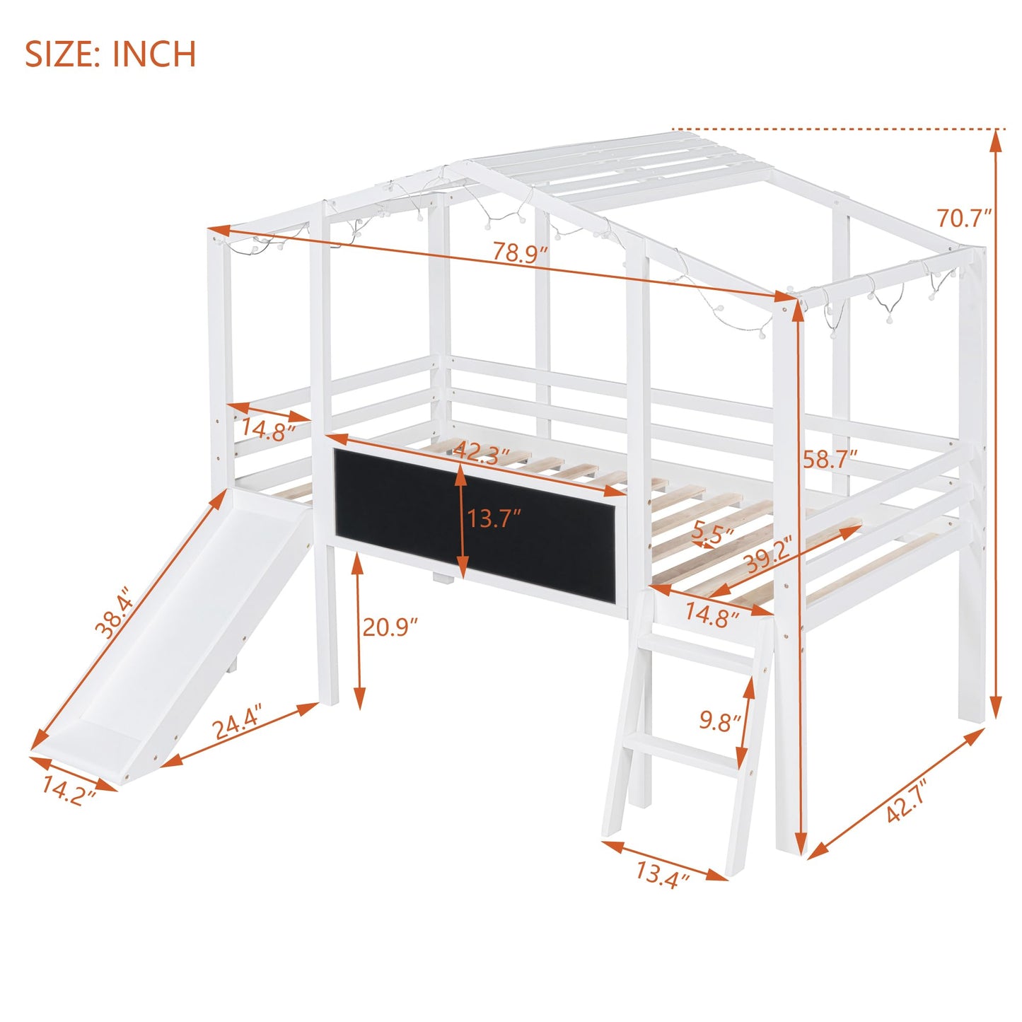 Harper & Bright Designs Kids House Loft Bed with Slide, Twin Size Low Loft Bed with LED Lights & Blackboard, Wood Playhouse Loft Bed with Ladder and Slats Support, for Kids Boys Girls, White