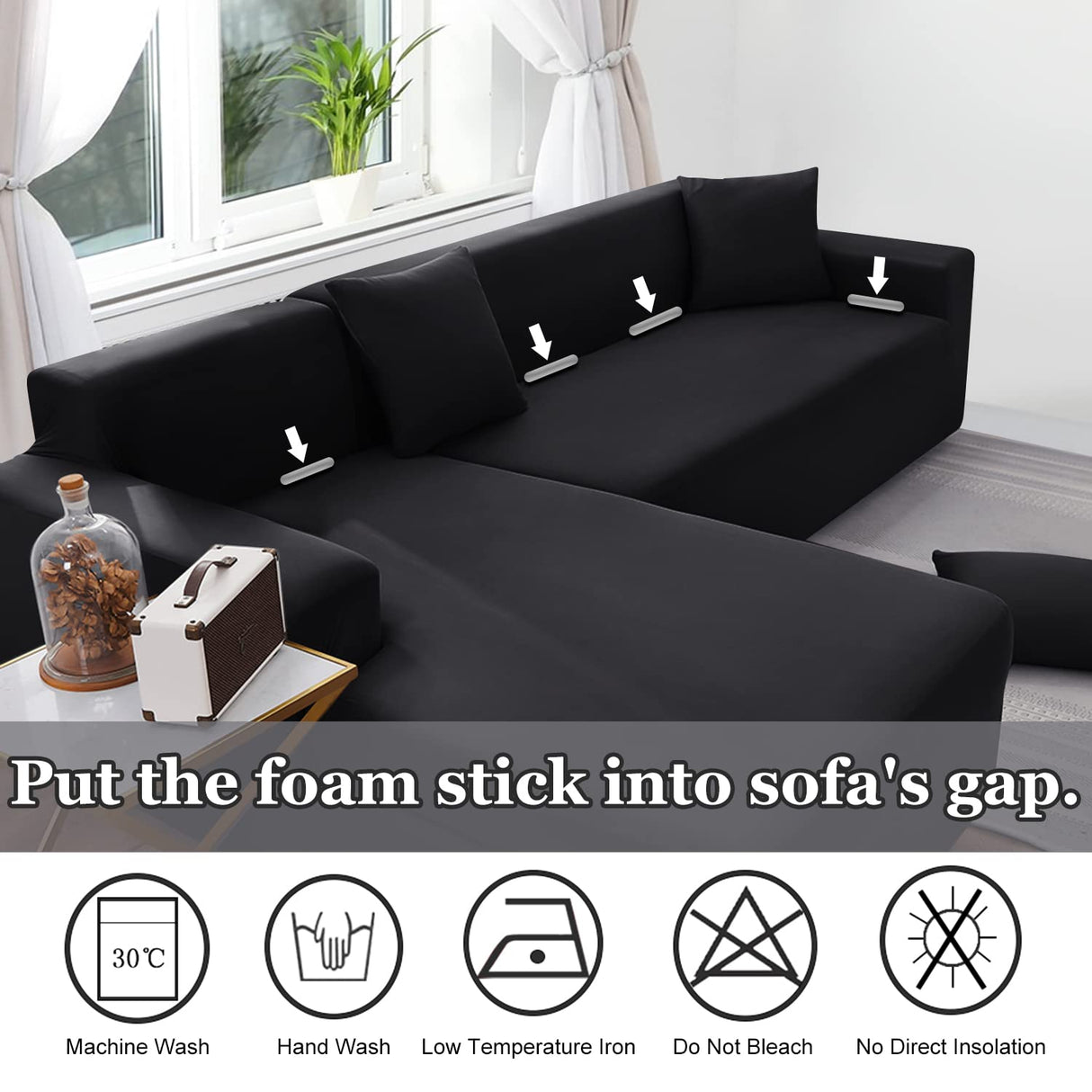 NAISI Couch Cover L Shape 2 Pieces Sofa Cover Soft Stretch Slipcovers with 2pcs Pillowcases Furniture Protector Sectional Couch Covers 3 Seater + 3 Seater(Black) NAISI