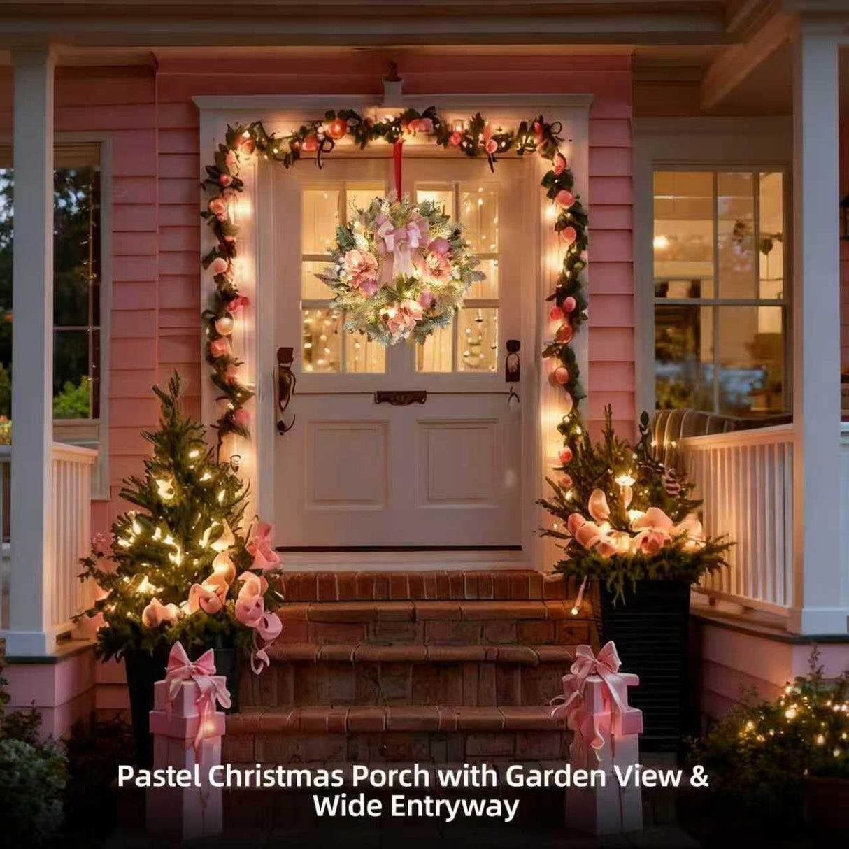 22inch Christmas Pink Wreath for Front Door with 30 LED Lights,Elegant Magnolia Christmas Door Wreath,Festive Holiday Decor, Frosted Winter Pink Decorations for Wedding Vofuly