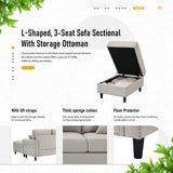 EDWINENE Convertible Sectional Couch Sofa for Living Room, Reversible L Shaped Couch with Chaise, 4-Seat Modular Large Couches with Storage Ottoman & 3 Pillows, Light Grey EDWINENE