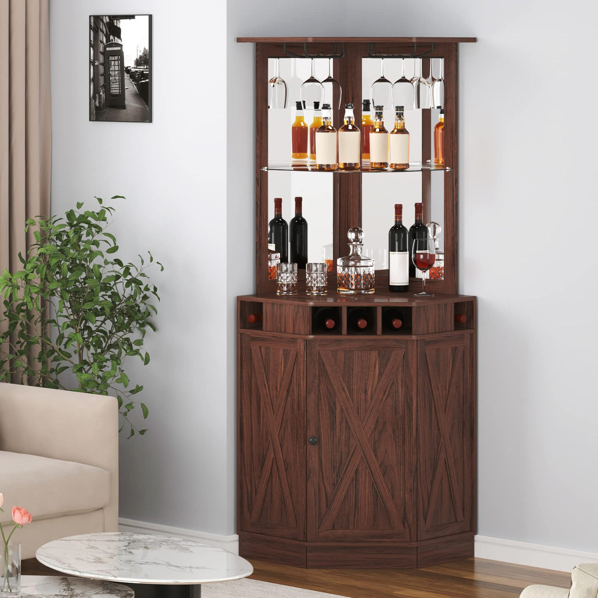 VEVOR Corner Industrial Bar Cabinet, Wine Table for Liquor & Glasses, Sideboard Buffet Cabinet with Glass Holder, Freestanding Farmhouse Wood Coffee Bar Cabinet for Living Room, Home Bar, Black Walnut VEVOR