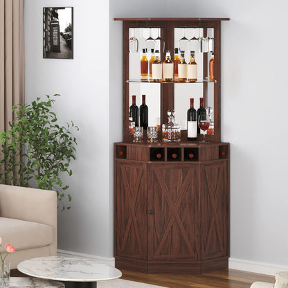 VEVOR Corner Industrial Bar Cabinet, Wine Table for Liquor & Glasses, Sideboard Buffet Cabinet with Glass Holder, Freestanding Farmhouse Wood Coffee Bar Cabinet for Living Room, Home Bar, Bla - WoodArtSupply