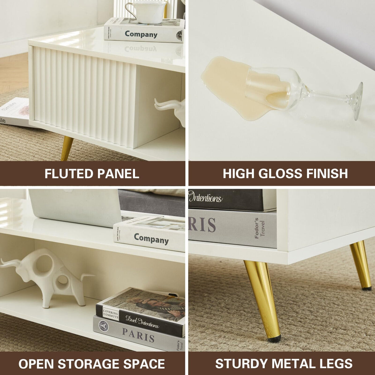 COSVALVE 41.3IN LED White Coffee Tables for Living Room with 16 Colors LED Lights, Modern Minimalist Coffee Table with Fluted Panel, Rectangle Center Table Game Table COSVALVE