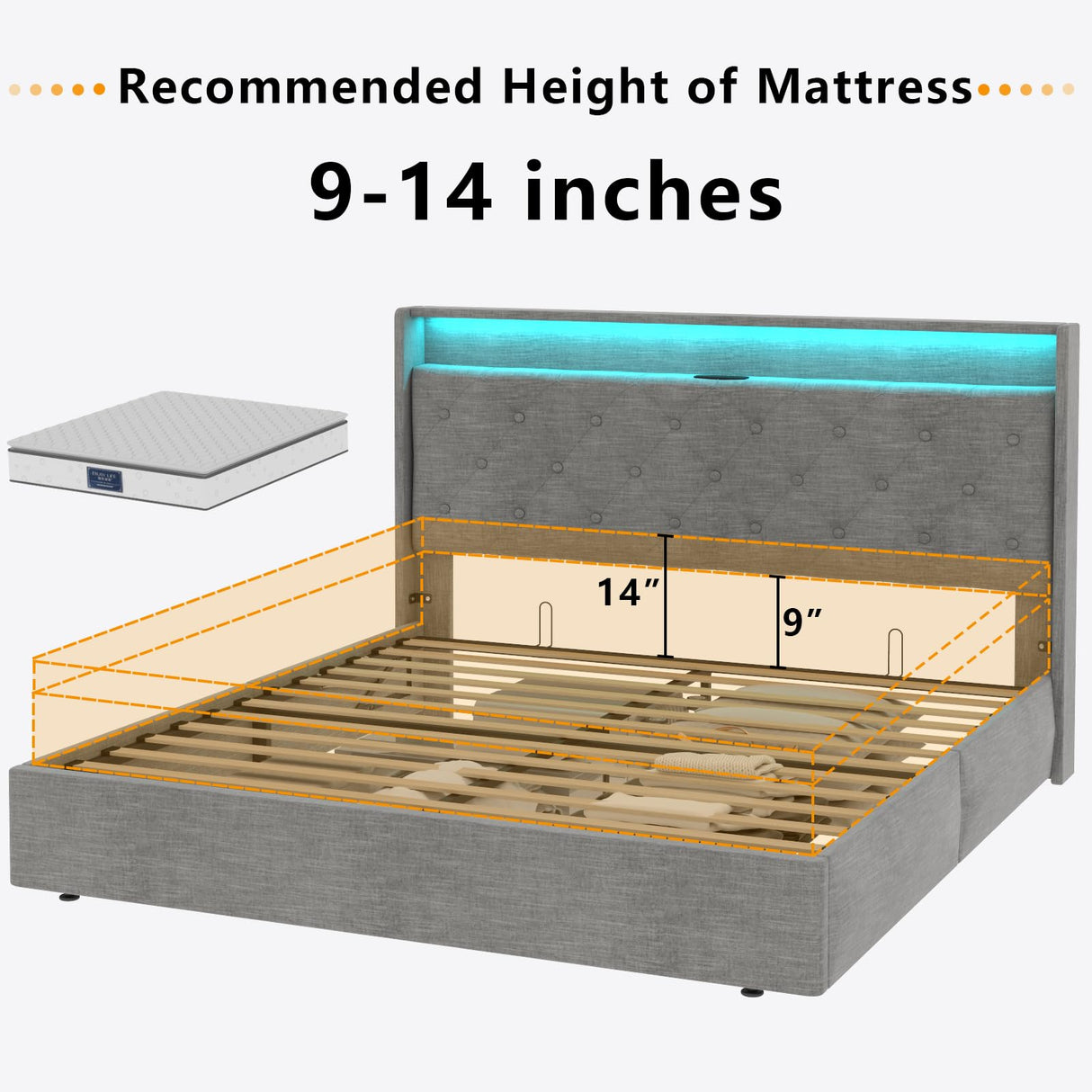 Loomie King Hydraulic Lift Bed Frame with LED Lighting & Charging Station in Light Grey Loomie