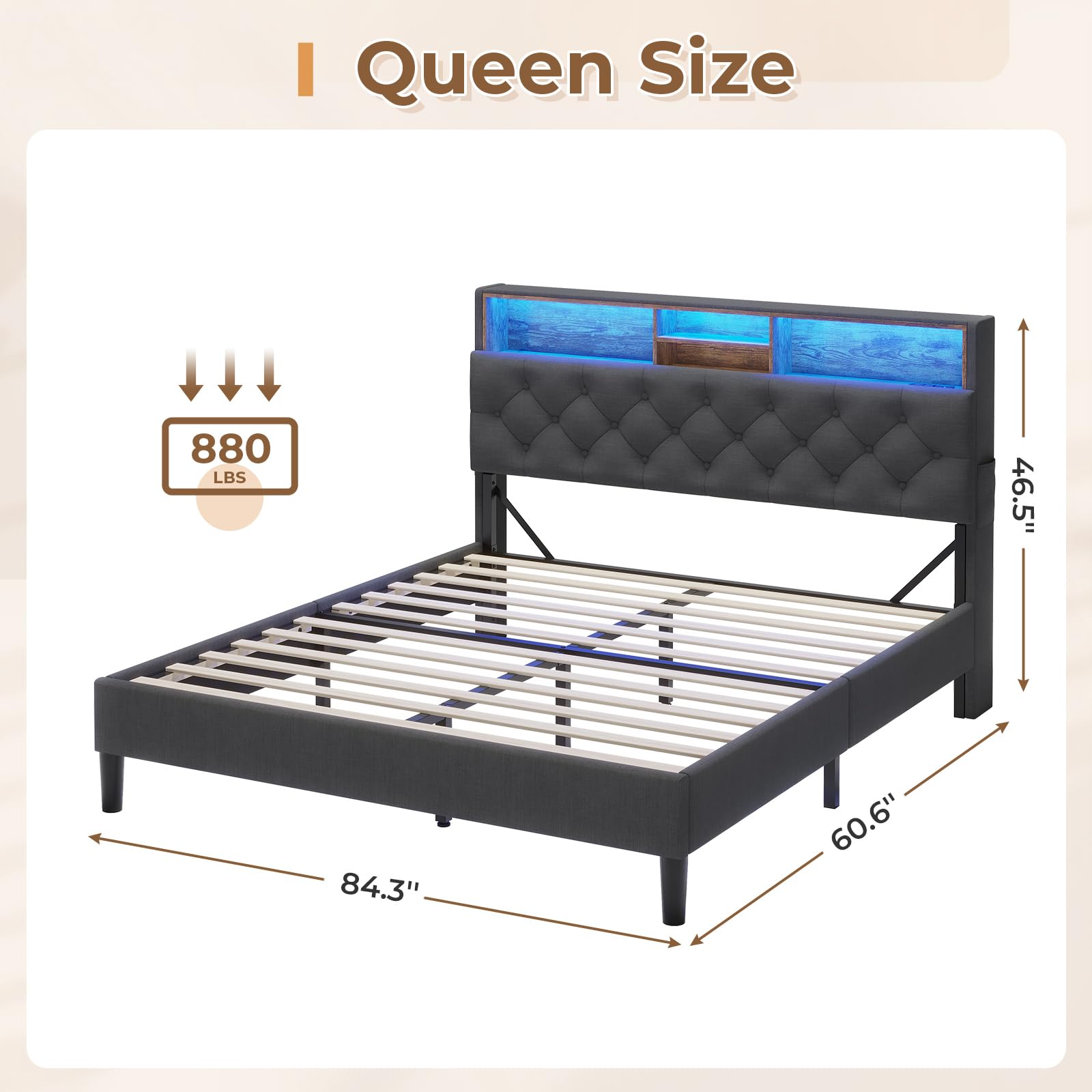 ADORNEVE Queen Bed Frame with LED Lights Headboard, Platform Bed Frame Queen Size with Storage Shelves and Charging Station, Easy Assembly, Dark Grey - WoodArtSupply