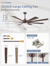 ZMISHIBO 72 inch Oil Rubbed Bronze Ceiling Fans with Lights and Remote, Indoor/Outdoor Farmhouse Ceiling Fan for Living Room Patio, 6 Speed Reversible Quiet DC Motor, 3CCT, Dual Finish Blades ZMISHIBO
