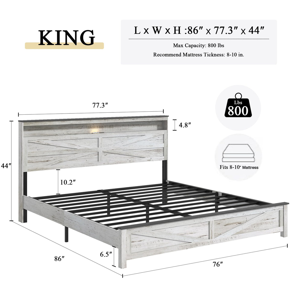 madeslves Farmhouse Wooden Bed Frame King Size with Storage Headboard, Boho Platform Bedframe with LED Lights and Charging Station, Metal Slats Support, No Box Spring Needed, White madeslves