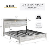 madeslves Farmhouse Wooden Bed Frame King Size with Storage Headboard, Boho Platform Bedframe with LED Lights and Charging Station, Metal Slats Support, No Box Spring Needed, White madeslves