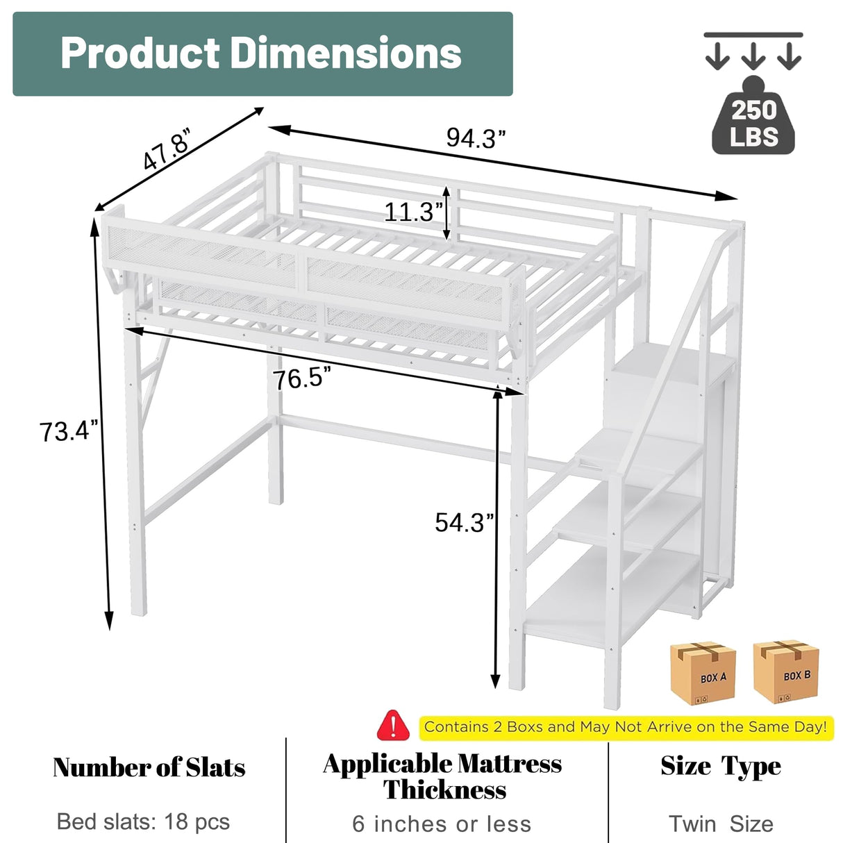 MoproBeti Twin Size Loft Bed with Stairs, Metal Loft Beds Twin with Storage Shelves, Adults Loft Bed with Wardrobe, Heavy Duty High Lofted Bed for Kids Teens,White + White Stair MoproBeti