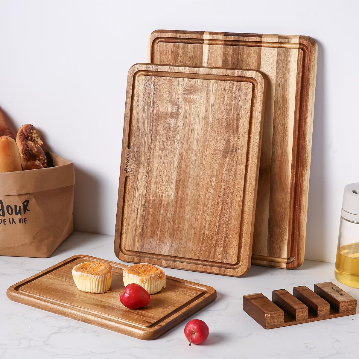 YUSOTAN Wood Cutting Board Set of 3 for Kitchen, Acacia Wooden Cutting Boards, Thick Chopping Board with Deep uice Groove Butcher Block, Wooden Trays for Meat, Fruit and Cheese