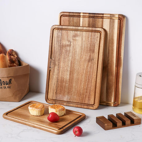 YUSOTAN Wood Cutting Board Set of 3 for Kitchen, Acacia Wooden Cutting Boards, Thick Chopping Board with Deep uice Groove Butcher Block, Wooden Trays for Meat, Fruit and Cheese YUSOTAN